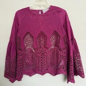 Chloe Oliver Purple Crochet Bell Sleeve Blouse Size XS Boho Cotton Festival